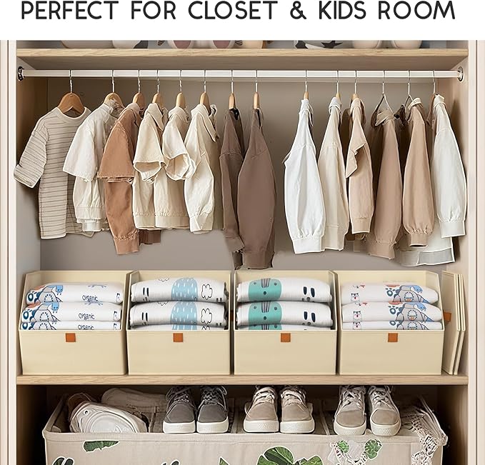 Fabric Closet Storage Cubes - 4 Pack Square Storage Bins with Dual Handles for Clothes, Towels, Toys, Cube Storage Organizers for Bedroom, Nursery, Shelves, Closet, Small Spaces, Beige