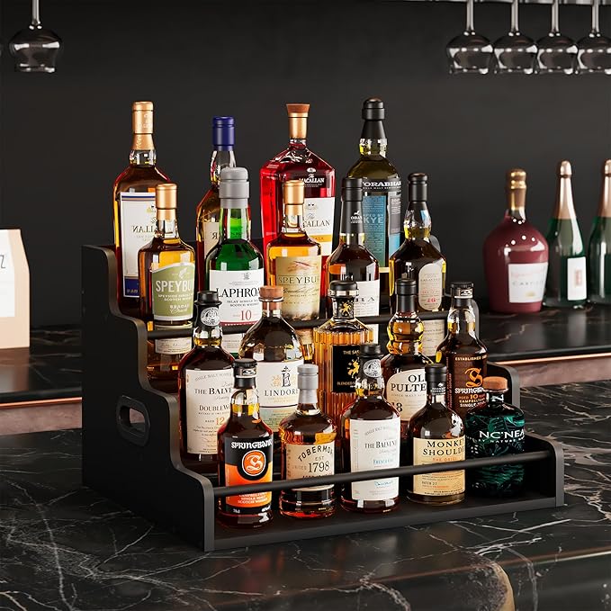 19.6”W x 15.74" D x 12.5" H Inches Versatile 4-Step Coffee Syrup & Water Bottle Organizer Rack Multi-Functional Retro Display Shelf for Kitchen or Bar, Holds Liquor & Spirits, Black