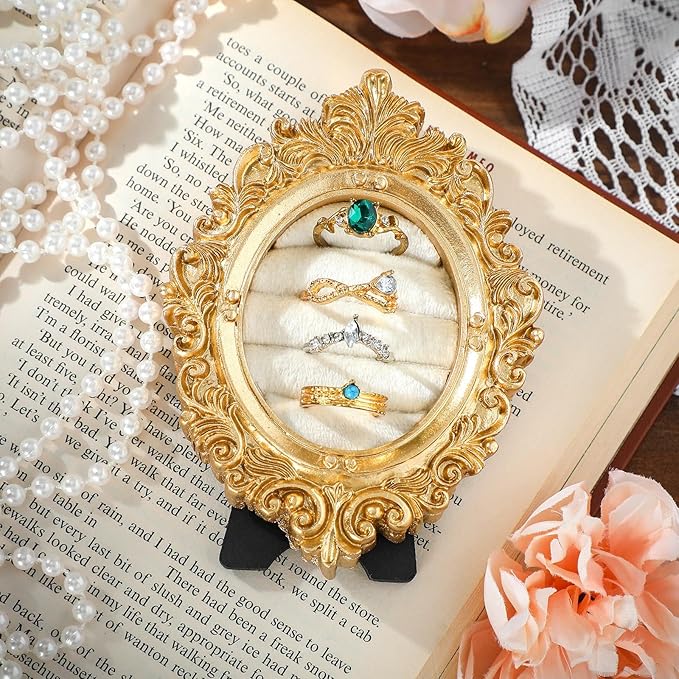 Vintage Ring Holder Oval Light Gold Ring Display Stand Frame Earring Display Tray Anniversary Engagement Baroque Wedding Jewelry Organizer Photograph Prop for Women Christmas Gift
