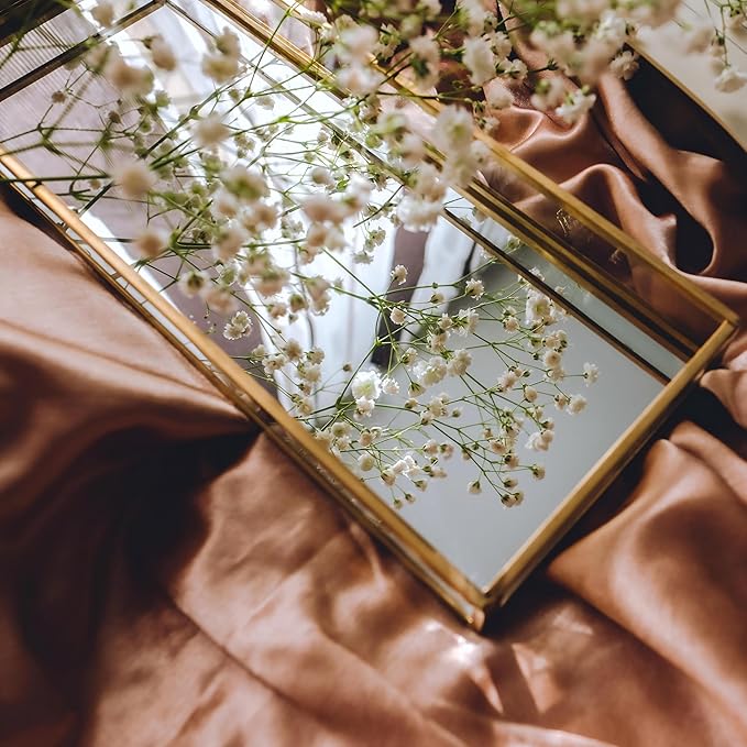 HighFree Rectangle Gold Mirror Tray, Decorative Glass Mirrored Vanity Tray for Perfume, Cosmetics, Makeup, Trinket, Jewelry (10.2X 5.5x1.6)