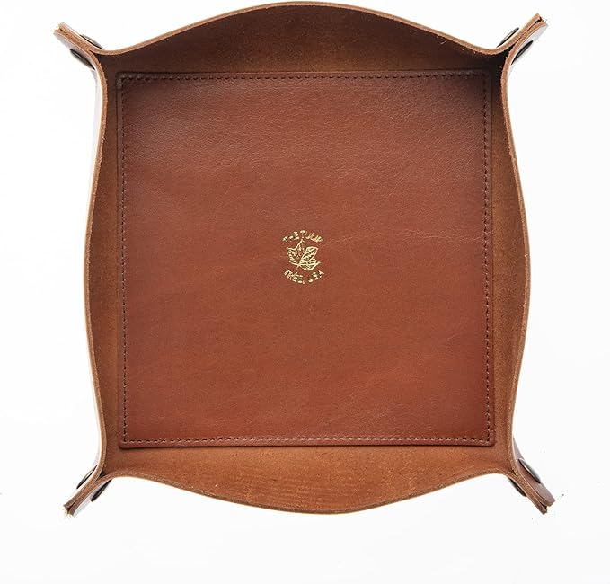 USA Handmade Premium Leather Valet Tray, Folds Flat! Dice Rolling Basket and Organizer with Brass Snaps (Old English Chestnut, Large)