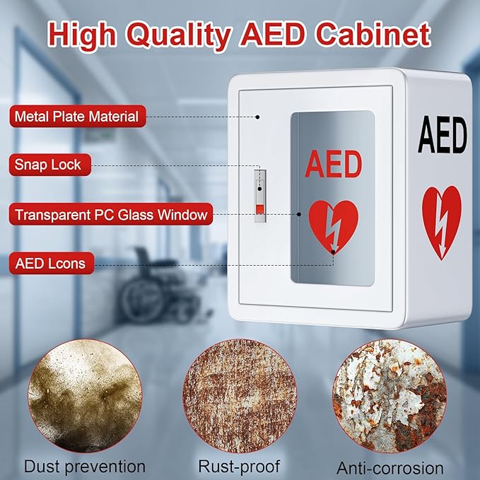 AED Cabinet, First Aid AED Defibrillator Wall Mounted Storage Cabinet, Metal Steel Plate Snap Lock, fits All Brands Cardiac Science for Public Places, 14 x 7.8 x 15.7 Inch