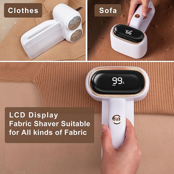 Fabric Shaver Lint Removers Rechargeable Sweater Shaver with Dual Head & LCD Display for Clothes Couch Pilling Furniture, 6-Leaf Blades Defuzzer, White, 1 Piece.