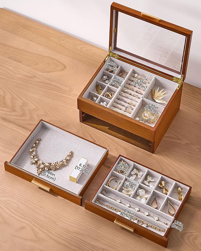 Lolalet Jewelry Box, Clear Window Wood Grain Jewelry Storage for Earrings Bracelets Necklaces Rings, High Capacity Organizer for Women -Cherrywood, 3 Layers