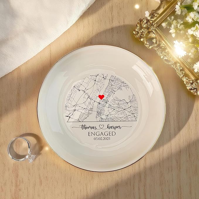 Chillever Custom Map Engaged Trinket Dish, Location Engagement Gifts For Couple Jewelry Tray, Ring Dish, Newly Engaged Ring Holder Best Gift For Lover 1