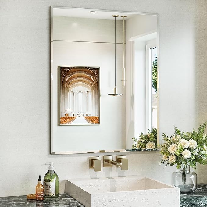 Beveled Bathroom Mirror, 24"x30" Frameless Mirror, Bathroom Vanity Wall Mirrors for Over Sink, Bedroom, Living Room Hangs Horizontally or Vertically
