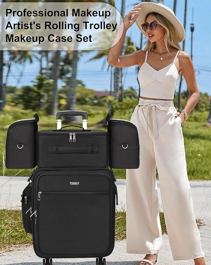 Relavel Rolling Makeup Case Professional Makeup Train Case, Makeup Brush Bag Makeup Artist Travel Bag with Wheels, 4-in-1 Portable Travel Beauty Trolley Case for Cosmetology Storage(Black)