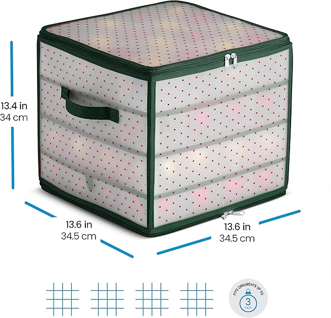 ZOBER Christmas Ornament Storage Box Plastic - Stores 64 3" Ornaments with Individual Trays - Ornament Organizer Storage Box, Durable Christmas Containers Holder - Green