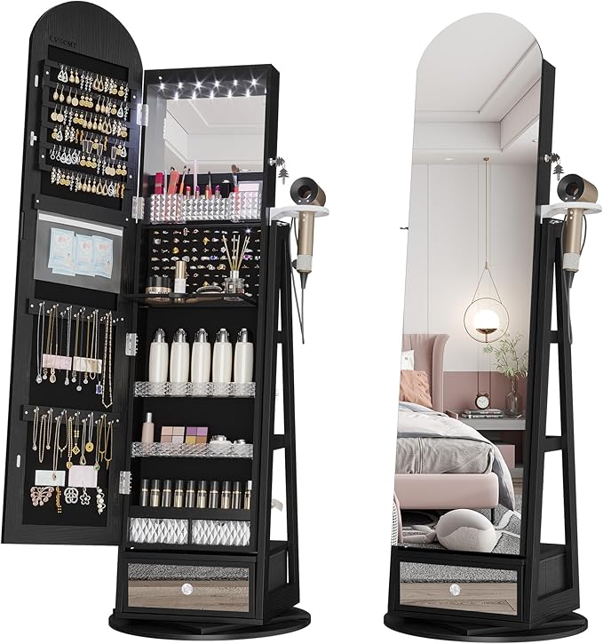 LVSOMT 360° Swivel Arched Jewelry Mirror Cabinet, 64"H Standing Jewelry Armoire with 6 LED Lights, Lockable Jewelry Organizer, Arch Full Length Mirror with Storage, Inner Makeup Shelf, Drawers (Black)