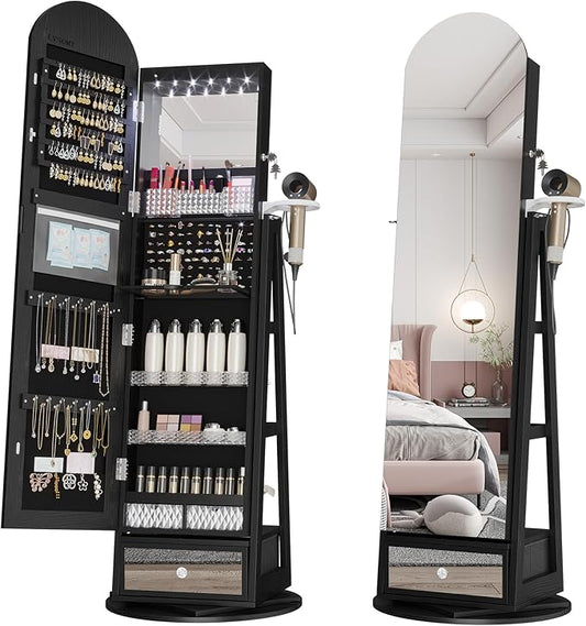 LVSOMT 360° Swivel Arched Jewelry Mirror Cabinet, 64"H Standing Jewelry Armoire with 6 LED Lights, Lockable Jewelry Organizer, Arch Full Length Mirror with Storage, Inner Makeup Shelf, Drawers (Black)