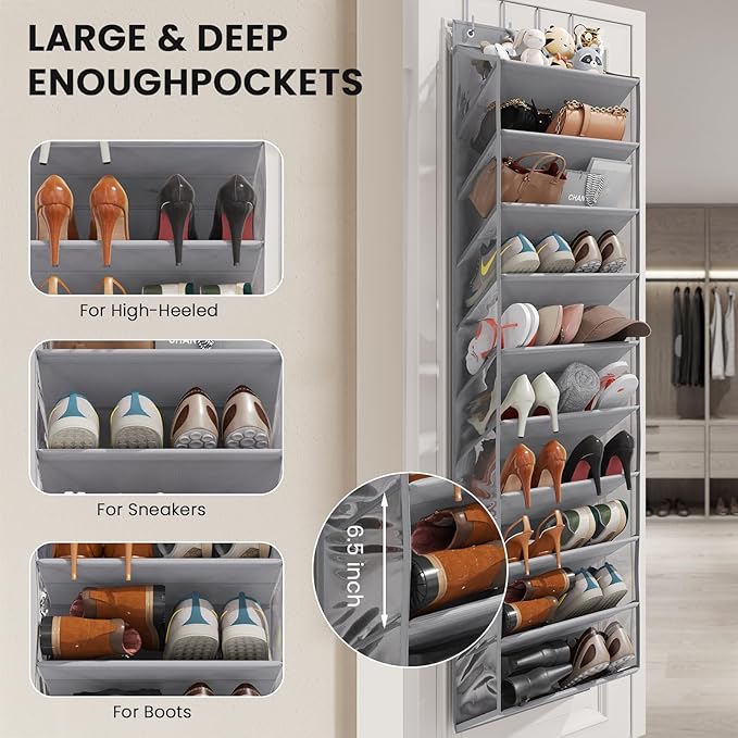 10 Tier Clear Over the Door Shoe Organizer with Deep Pockets, Door Shoes Rack with Hard Tube to Keep the Shape, Hanging Shoe Rack for Closet Organizers & Storage, Behind Door Shoe Holder Grey