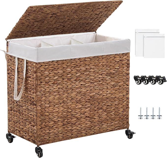 3-Section Laundry Hamper with Lid, Large Capacity Woven Natural Water Hyacinth Laundry Sorter with Removable Liners, Rolling or Non-Slip Design for Bedroom (Espresso, 3-Section)