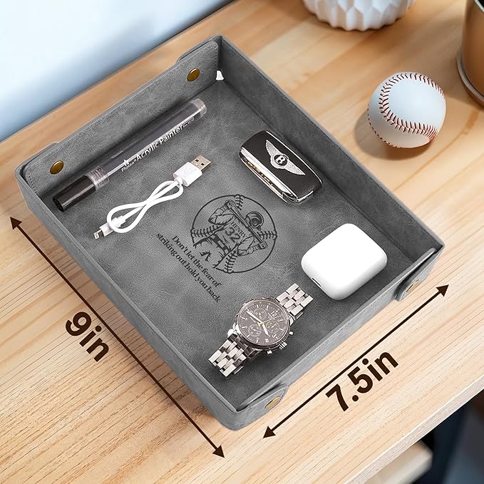 Engraved Baseball Valet Tray –Personalized Leather Catchall with Custom Name –Men’s Nightstand Organizer for Keys, Wallet, Jewelry, and Essentials – Unique Baseball Fan Gift for Home or Office - Grey