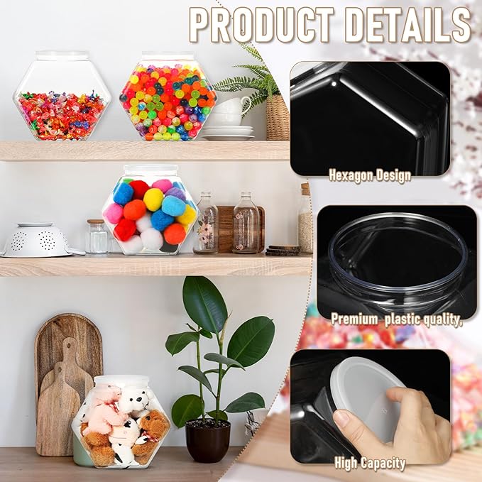 Uiifan 1 Piece Plastic Candy Jar with Lid Cookie Jar Clear Hexagonal Fish Bowls Containers for Snacks, Dog Food, Desk Pet, Craft and Sewing Supplies, Coffee Pod, Laundry Pod Storage Display(145 oz)