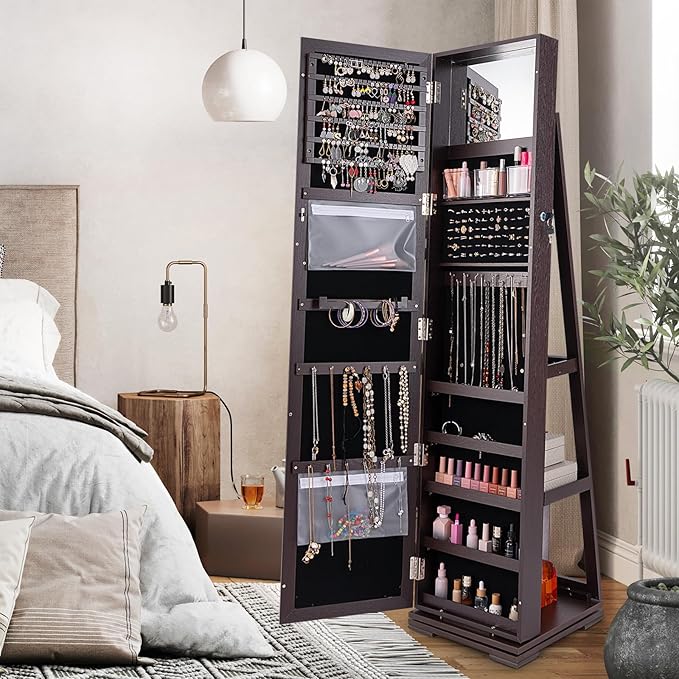 360° Swivel LED Mirror Jewelry Cabinet with Full Length Mirror, Lockable Floor Standing Mirrored Jewelry Armoire Organizer w/Inside Makeup Mirror & Back Storage Shelves, Space-Saving (Espresso)