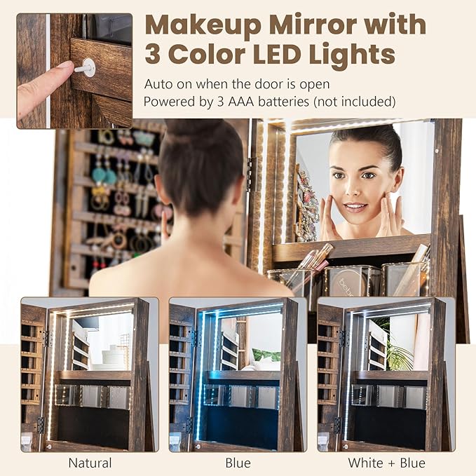 Mirror Jewelry Cabinet Standing with Full Length Mirror, 360° Swivel Jewelry Armoire with 3-Color LED Lights & Foldable Makeup Shelf, Lockable Organizer for Women, Space-Saving (Rustic Brown)