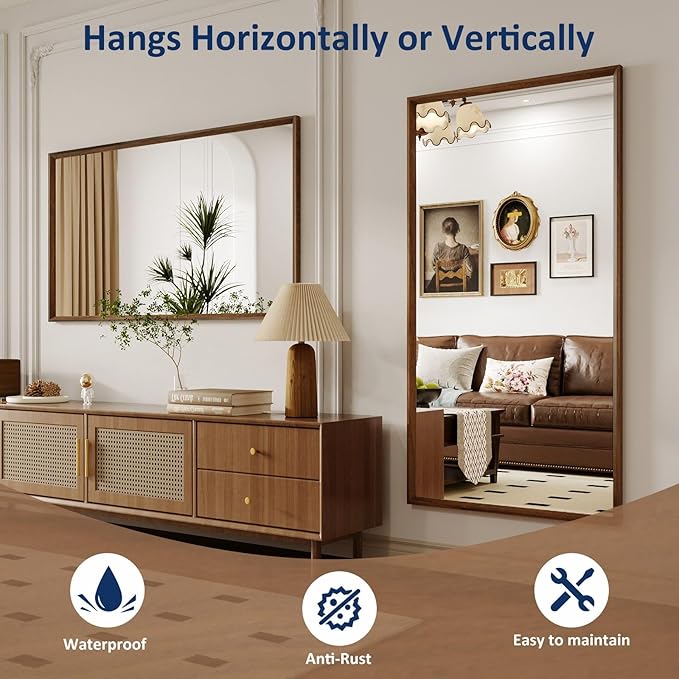 WEER Bathroom Mirror, 48x36 Inch Wall Mirror, Walnut Wood Grain Framed Mirror, Rectangle Vanity Mirror, Tempered Glass, Anti-Rust, Hangs Horizontally or Vertically