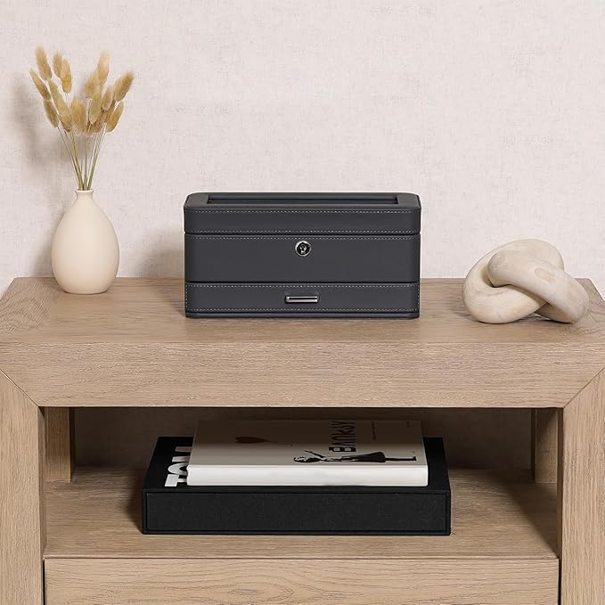 ROTHWELL 4 Slot Leather Watch Box with Valet Drawer - Luxury Case Display Jewelry Organizer, Locking Display Case Holder with Real Glass Top - Watch Box Organizer for Men & Women (Carbon)