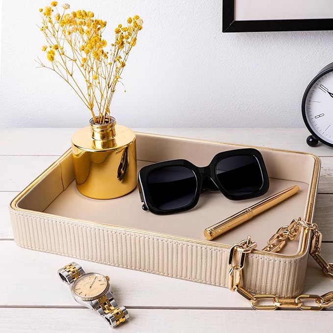 ZHEM Perfume Tray Valet Tray Night Stand Bedside Organizer| Perfume Organizer Catchall| Perfume Trays for Dresser Vanity Tray for Dresser Countertop| Perfume Holder (Beige 8"x11"x1.75")
