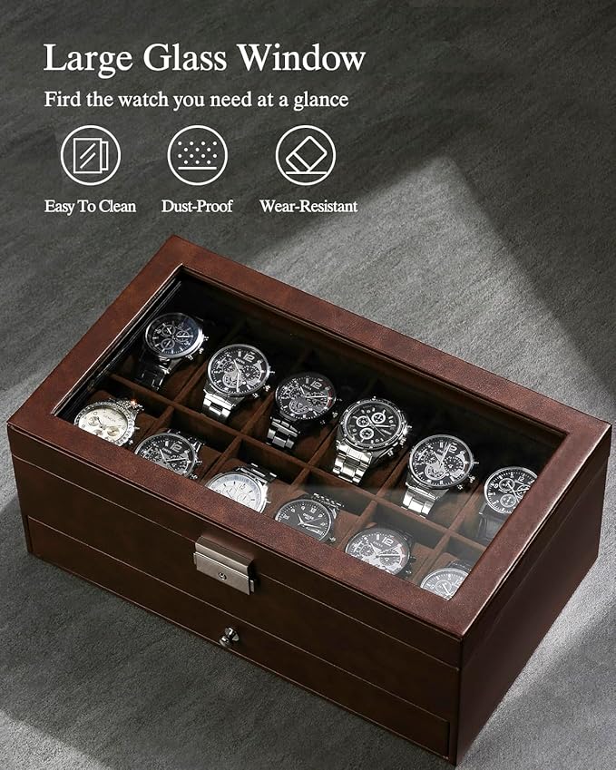 GUKA Watch Box, 12 Slot Watch Case, Watch Cases for men with Real Glass Lid, Synthetic Leather Watch Organizer storage with Jewelry Case, Birthday for Men and Women, Brown