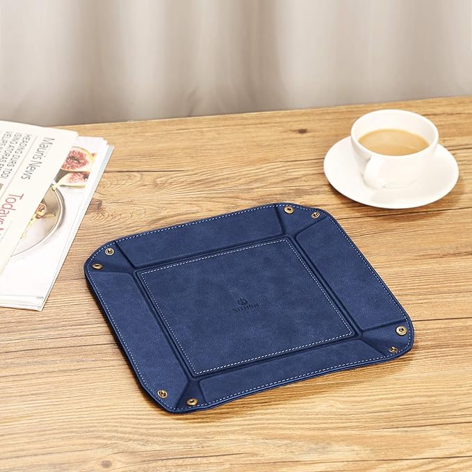 SITHON Valet Tray Desktop Storage Organizer – Premium PU Leather Catchall Bedside Vanity Tray Nightstand Caddy Holder for Remote Controller, Keys, Phone, Wallet, Coin, Jewelry, Dark Blue