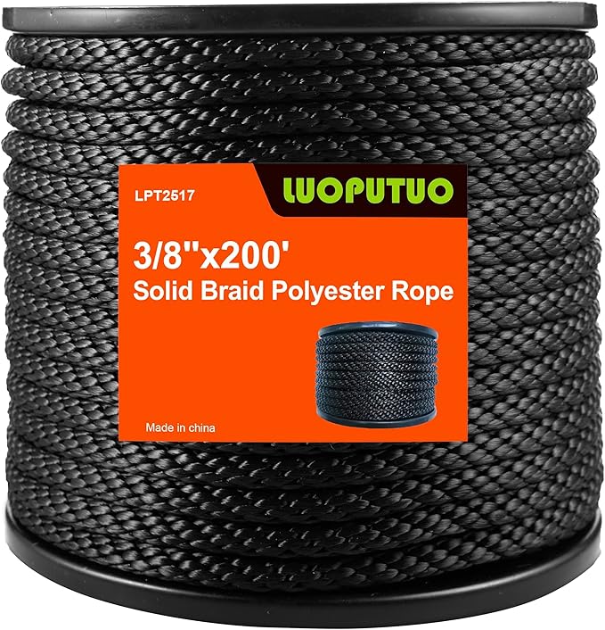3/8 Inch 200FT Black Polyester Solid Braid Rope | High UV & Abrasion Resistance | Industrial Grade, Low Stretch | Multipurpose for Flag Poles, Clotheslines
