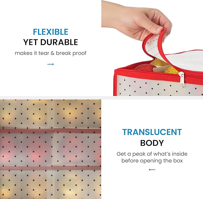 ZOBER Christmas Ornament Storage Box Plastic - Stores 64 3" Ornaments with Individual Trays - Ornament Organizer Storage Box, Durable Christmas Containers Holder - Red