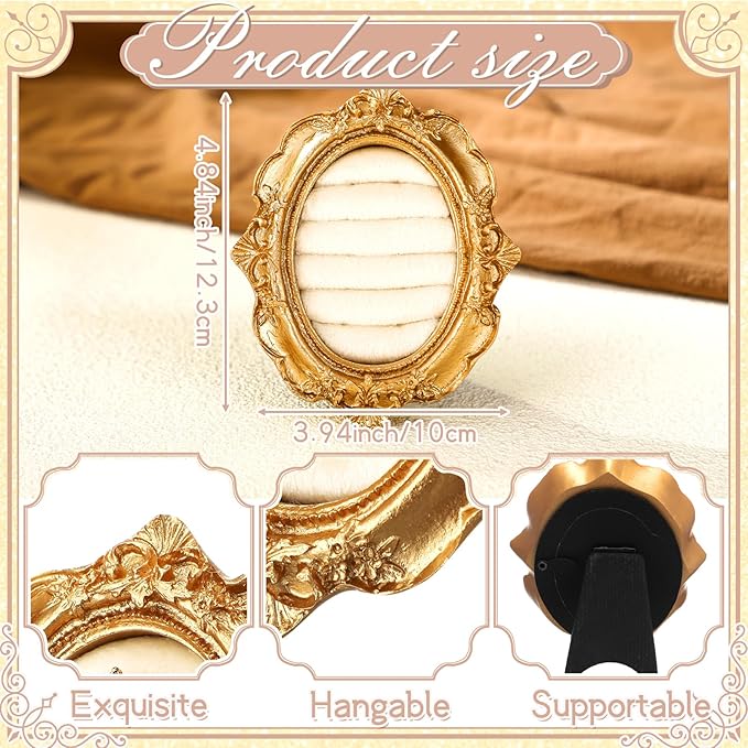 Vintage Ring Holder Oval Gold Ring Wedding Display Suede Jewelry Box Stand Frame Earring Tray Anniversary Engagement Baroque Organizer Photograph Prop for Women Birthday Christmas Gift