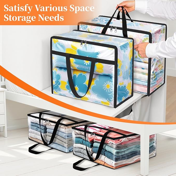 Clear Clothes Storage Bags, 6 Pack Closet Organizers and Under Bed Storage Containers, Foldable Moving Bags with Zippers for Comforter, Blanket, Bedding, Duvet, PVC Packing Bags 60L