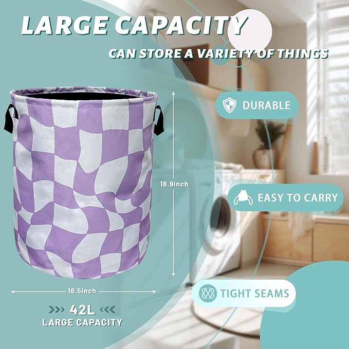 Funny Purple Checkerboard Laundry Basket With Handles Oxford Cloth Tote Bag Colorful Laundry Hamper 18.9" x 16.5 "Foldable Clothes Storage Bucket Toy Organizer For Bathroom/Laundry/Bedroom