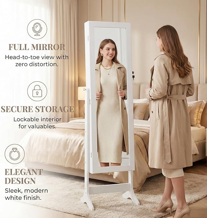 Large Capacity Wall-Mount Jewelry Armoire with LED Lights & Lock - 47.2" Tall Mirror Organizer Cabinet, 6 LEDs, Door-Hanging Design (White)