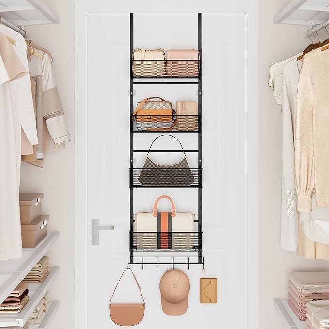 SWTYMIKI Over The Door Purse Organizer - Wall Mounted Purse Rack with 4 Adjustable Metal Basket and 6 Hooks, Hanging Bag Rack for Handbag Organizer, Bag Storage Can Use As 1/2 Part, for Door, Closet