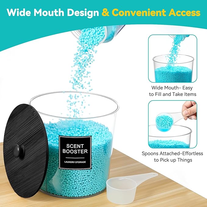 Laundry Pods Container & Dryer Sheet Holder, Laundry Room Organization and Storage Jars with Lids, Labels & Scoops for Powder Detergent Scent Booster, Black Lid