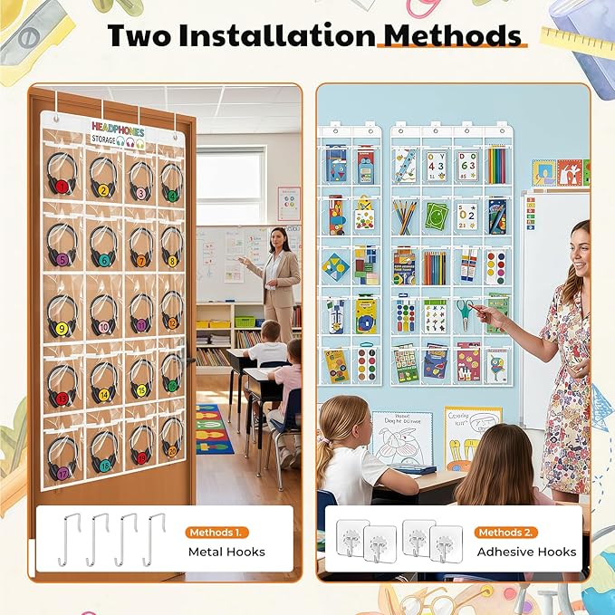 Classroom Headphone Storage Organizer with 20 Pockets, PVC Clear Headphone Holder for Classroom Storage Office School Teaching Aids Storage Home Over-the-Door Hanging Bag with 51 Labels (1pcs)