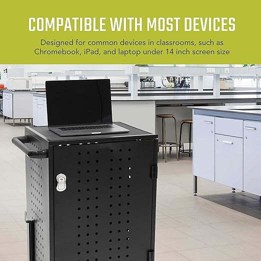 Pearington 30 Device Charging Cart with Electric Key Card Lock, Charger Organization, Cable Management, Laptop-Chromebook Charging Mobile Storage Station, Black