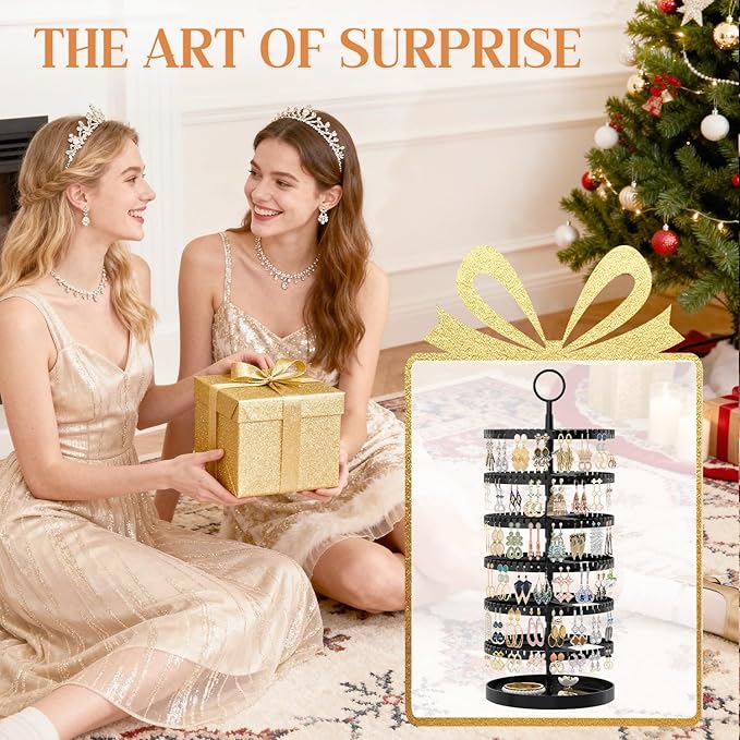 iDavosic.ly 6 Tier Rotating Earring Holder Organizer with Metal Tray, Adjustable Plastic Dangle Display Stands Tree with 342 Grooves, Large Hoop Storage Rack Tower, Black