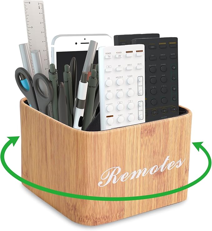 Hennaja Square Leather Art Supply Organizer,Remote Control Holder with Removable Dividers,360°Rotatable Pencil Holders,4 Compartments Organizer for Office Supplies Storage Box(1-Beige)