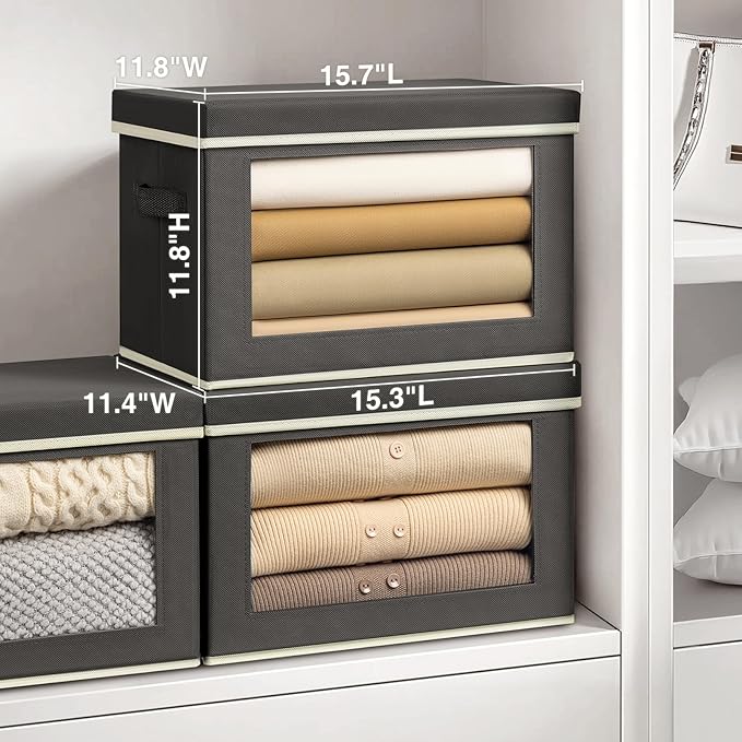 Stackable Storage Bins with Lids - Large Storage Box with Lids, Foldable Closet Boxes for Organizing, Wardrobe Clothes Organizer with Window, Cubes Bins for Living Room, 3 Pack, Dark Grey
