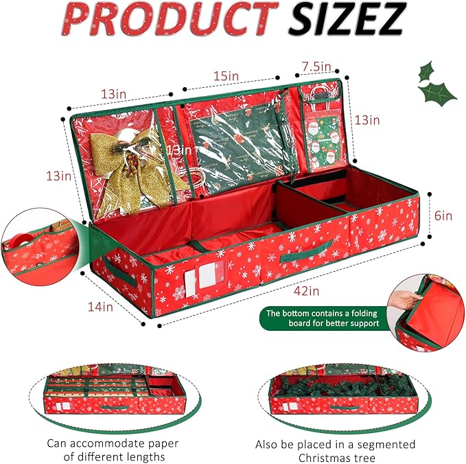 42'' Christmas Wrapping Paper Storage Organizer 600D Oxford Fabric Xmas Accessories Containers Bag Durable Fabric, Accessory Pockets for Ribbons, Gift Wrap Storage Bin（Red）