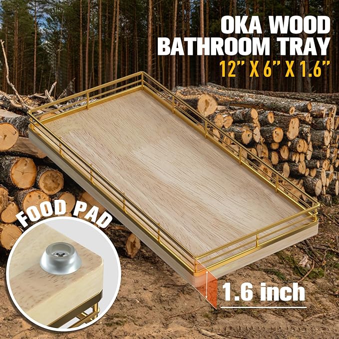 Bathroom Vanity Tray – 12" x 6" Oak Decorative Wooden Tray for Toilet Tank Organizer Wood Tray for Bathroom Countertop, Soap, Perfume & Storage, Vanity & Dresser Decor, Gold & Natural Oak