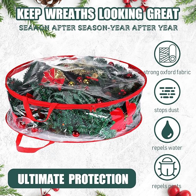 Shappy 6 Pieces Christmas Wreath Storage Container 30 Inch Wreath Plastic Storage Bags with Dual Zippers and Handles for Xmas Thanksgiving Holiday Artificial (Clear,Red)