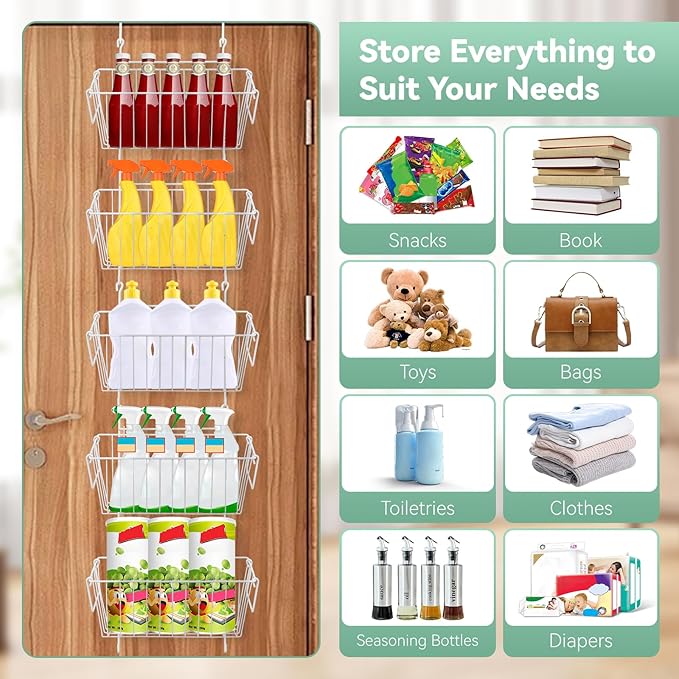 Over The Door Organizer – 5 Removable Hanging Baskets, Back of Door Storage for Bathroom, Kitchen, Pantry & Garage, No Tools Needed, 3 Installation Methods (Wall/Door Mount) White