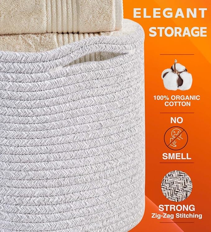 CHAT BLANC Cotton Rope Baskets for Organizing | Storage Baskets for Shelves | Rope Basket for Storage, Small Laundry Baskets, Woven Baskets for Storage, Dog Toy Bin, Baby Basket, Gray 3 Pack