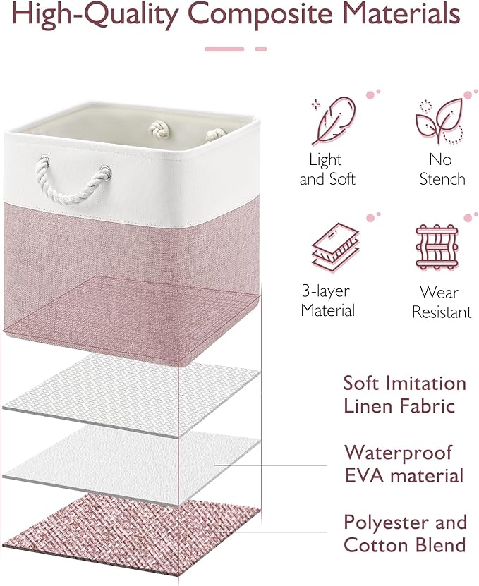 13x13x13 Storage Cube Bins,Set of 4, Large Foldable Fabric Storage Cubes with Handles for Organizing Home, Closet, Shelf, Office(White&Pink)