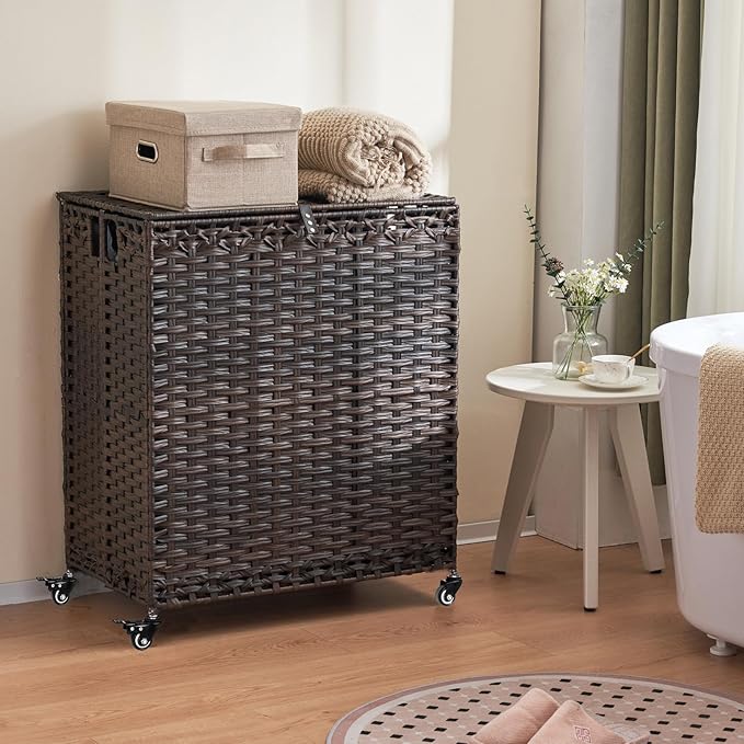 Laundry Hamper with Wheels&Lid, 50.2 Gallons(190L) Rolling Laundry Basket with Wheels, 3-Section Laundry Hamper, Handwoven Rattan Clothes Hamper with 6 Removable Liner& 3 Mesh Laundry Bags, Brown