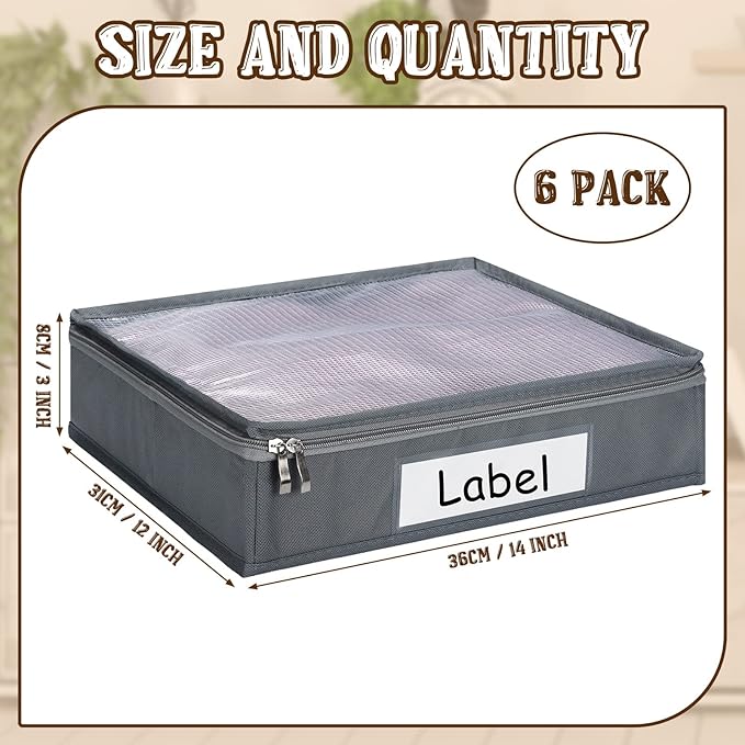 Panelee 6 Pcs 14 x 12 x 3 Inch Sweater Storage Bags Easy Gliding Zippered Sweater Package Organizer Closets Under The Bed Zippered Storage Bags with Label Pocket to Avoid Dust Dirt(Gray)