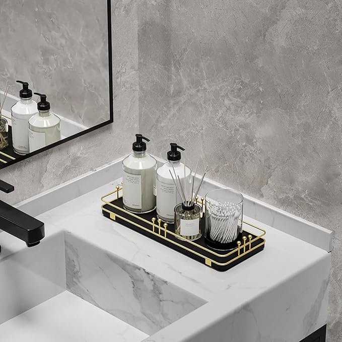 Bathroom Vanity Tray for Countertop Toiletries Perfume Makeup Soap Dispenser Toilet Tank, Kitchen Tray for Salt Spice, Decor Tray for Candle Nightstand Coffee 11.3”x 4.4” Black-Gold