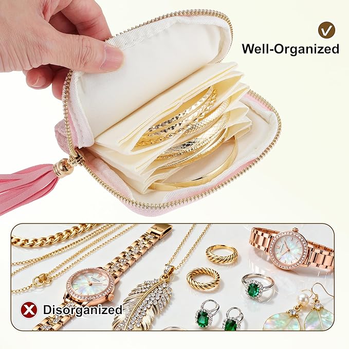 VOCOSTE Travel Jewelry Case, Portable Jewelry Organizer with 6 Independent Layers, Small Pouch Bag for Necklace Bracelet Rings Earring Storage, Women Gift Idea, Pink
