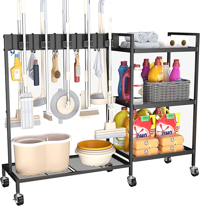 GIOTORENT Metal Cleaning Cart with Wheels - Rolling Broom Holder & Supplies Organizer, 10 Adjustable Clips, 5 Double-Hooks, 3-Tier Shelves, Brakes for Home, Commercial, Black