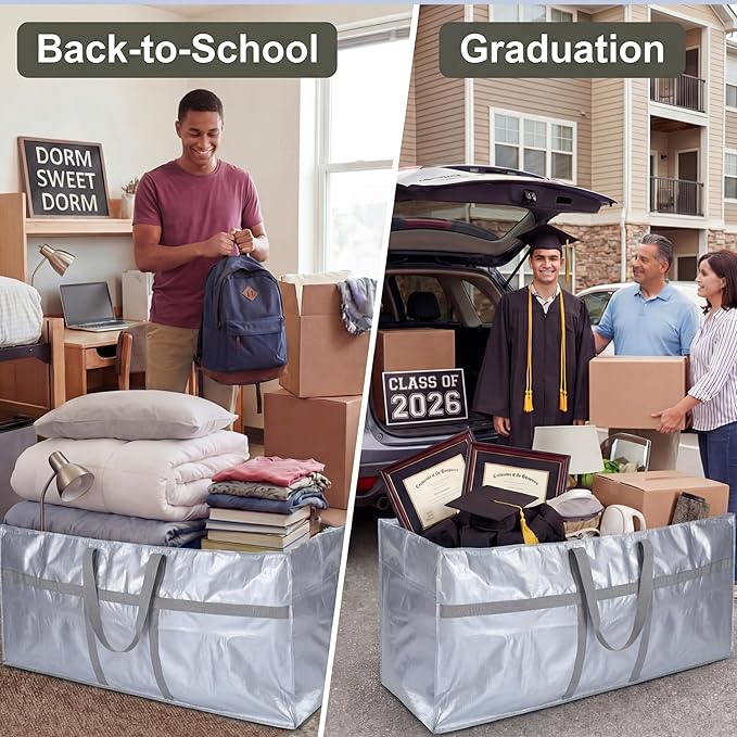 Windyun 4 Pack 98 Gallon Extra Large Moving Bags XXL Heavy Duty Storage Bag with Strong Zipper Handle Jumbo Big Tote Box Foldable for College Dorm Travel Clothes Duffle Blanket Pillow(Silver)